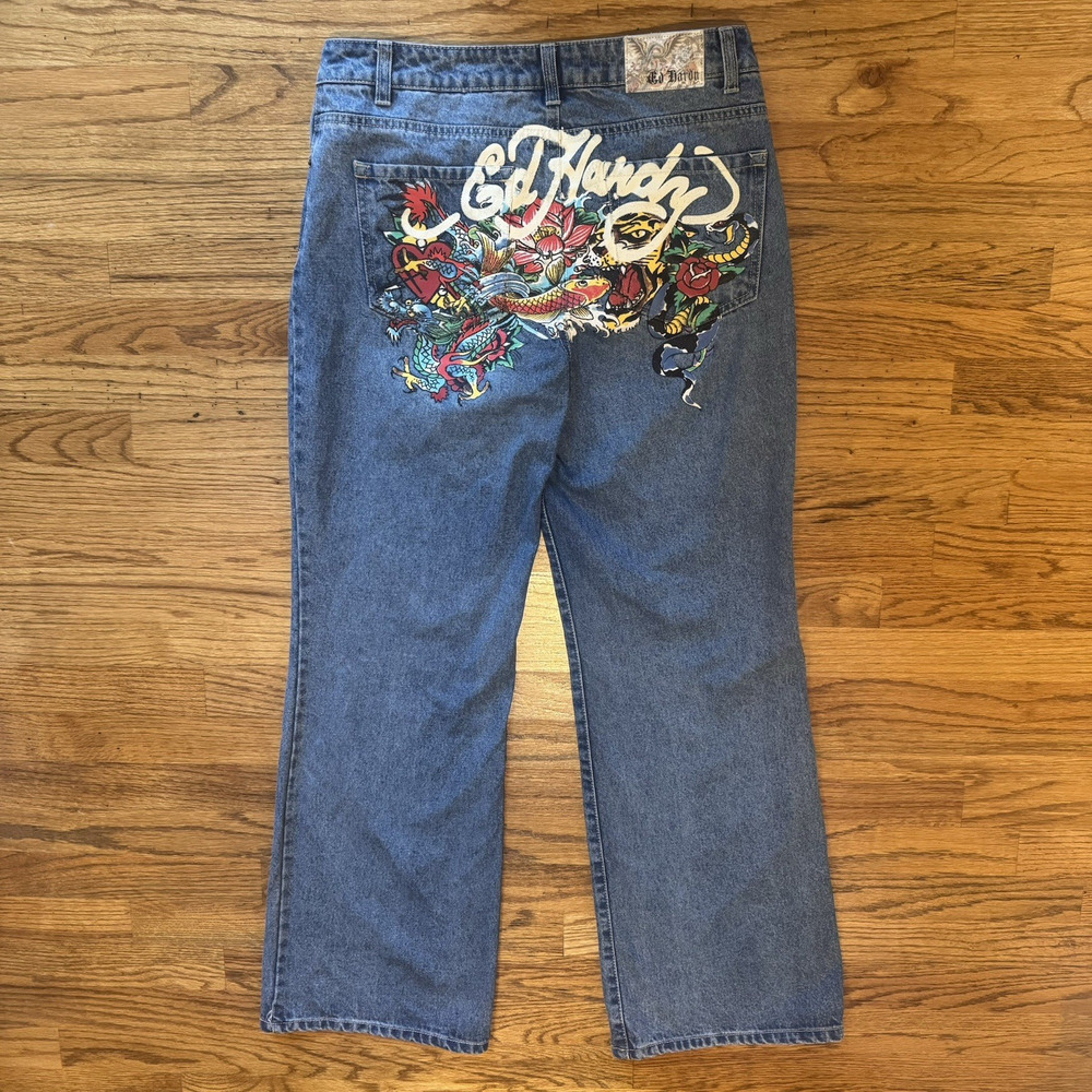 Ed Hardy Womens 30 Baggy Jeans Denim Painted Tattoo Graphic Tiger Koi Snake Y2K - Picture 1 of 16